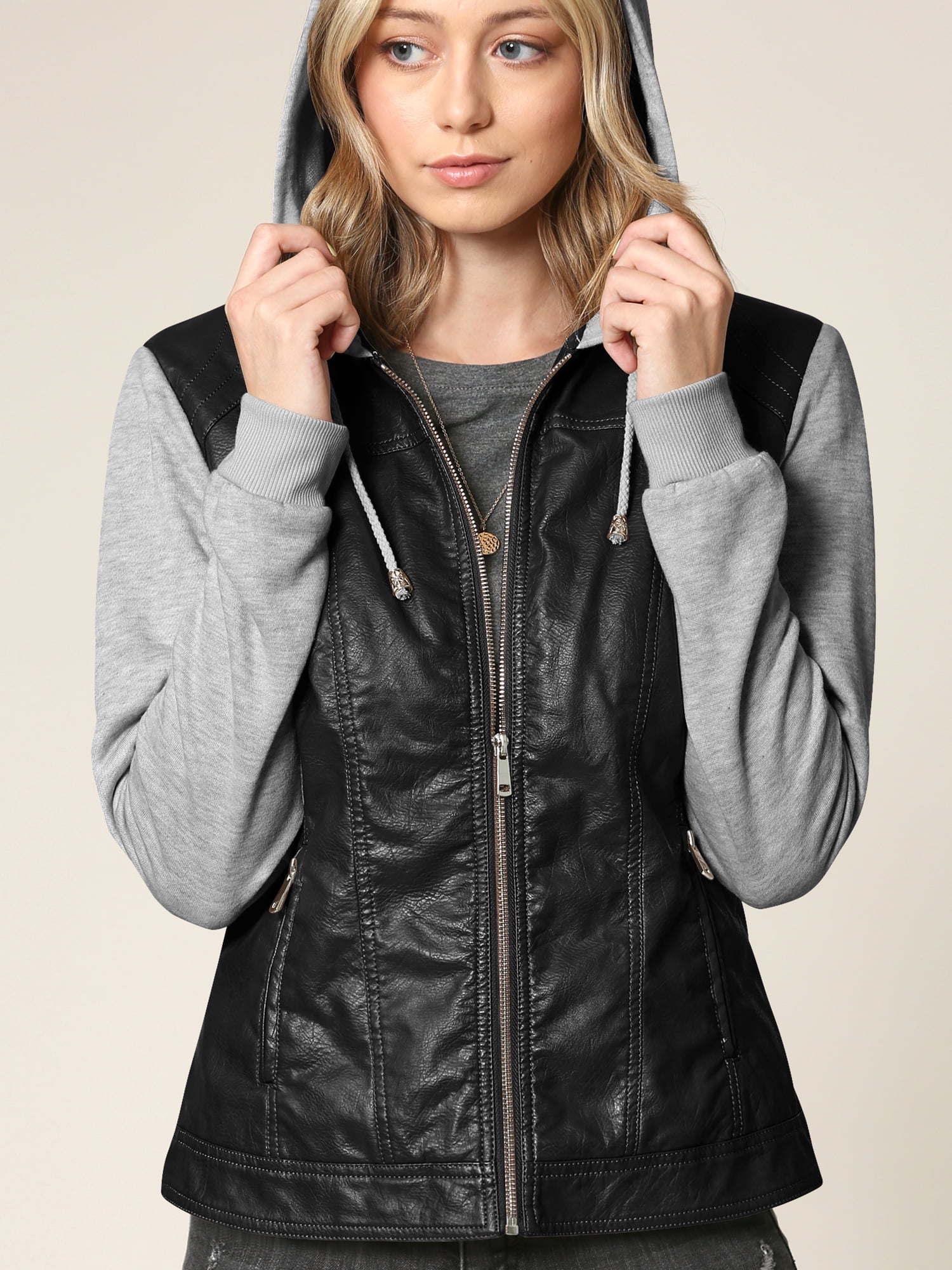 Made by Johnny Women's Faux Leather Zip Up Moto Biker Jacket with Hoodie L BLACK_H.GREY