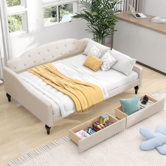 Noble House Sasy Full Upholstered Tufted Daybed with Storage Drawers, Linen Wingback Sofa Bed, Plywood Frame, Beige
