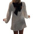 thumbnail image 4 of YMNXA Women's Dress Long Sleeve Round Neck Solid Color Sequins Bow Design Elegant Comfortable Dresses For Daily Wear And Party White Xl, 4 of 9
