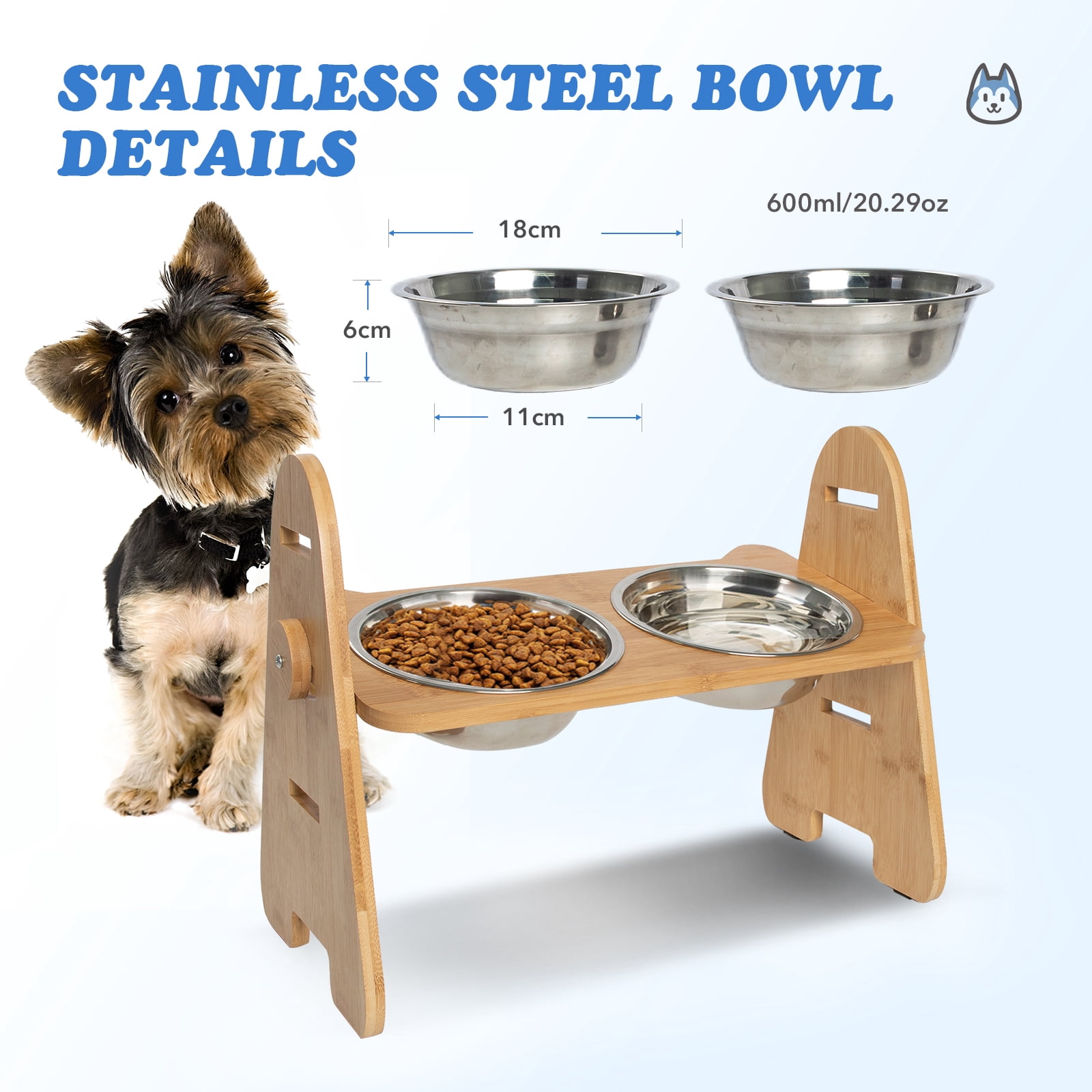 Kitgo Adjustable Elevated Stainless Steel Bowl for Dogs and Cats, Durable Bamboo Frame Feeding Tray Dog Bowl, 15° Tilt Elevation with 2 Stainless Steel Bowls and Non-Slip Feet