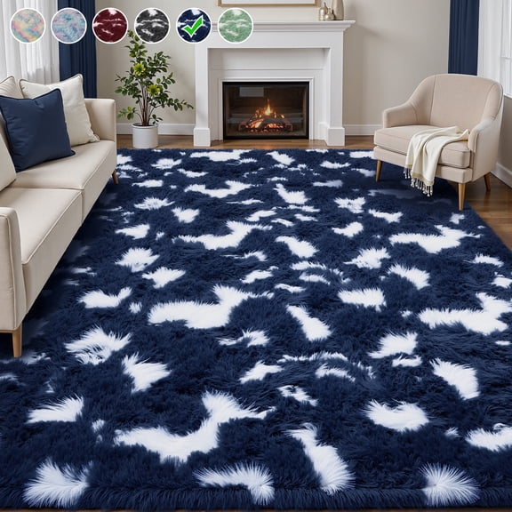 Lalado 5ft x 8ft Shag Area Rug, Soft Fluffy Indoor Tie-Dye Area Rugs for Living Room Bedroom Decor Carpet, Blue & White