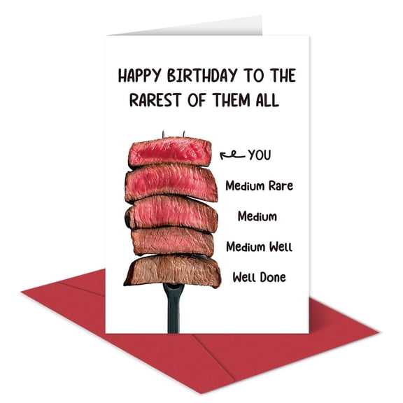 Funny Birthday Card - "Happy Birthday to the Rarest of Them All" Steak Design - Blank Inside, Envelope Included - Perfect for Meat Lovers, Friends, and Family