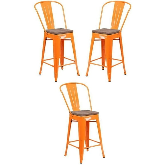 Home Square 24" Metal Counter Stool in Orange and Wood Grain - Set of 3