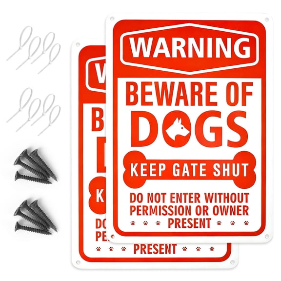 Reflective Beware of Dog Signs 2-Pack, Aluminum Metal Warning Signs for Fence, Yard & Gate, Weatherproof (Red)