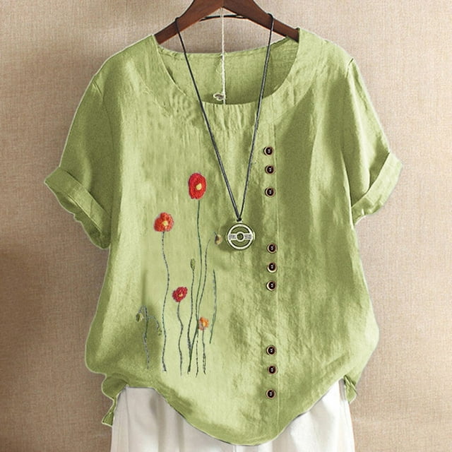 CEHVOM Chemise Décontractée d'Été pour Femmes Col Rond Manches Courtes Imprimé Floral Ample