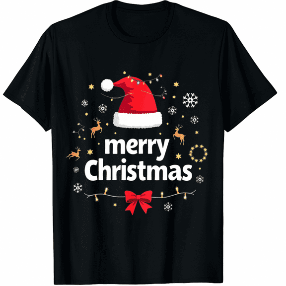 Merry Christmas Lights Red Santa Hat Xmas Family Men Women T-Shirt