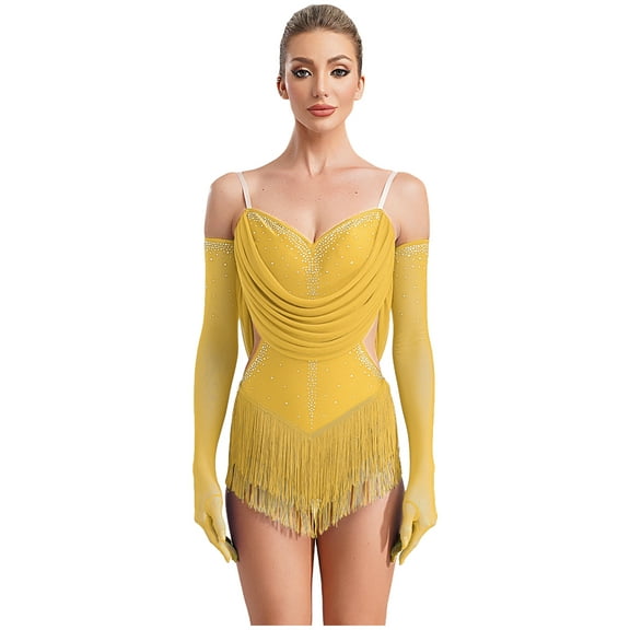 SiiRoh Women 2 Pieces Latin Dance Outfit Tassel Samba Salsa Jazz Dance Leotards Bodysuit with Gloves Yellow L