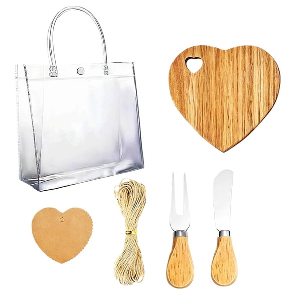 Heart Shaped Acacia Wood Cheese Board Gift Set - 6 Pcs Charcuterie Board with Knife, Fork, Bag, Tag & Twine