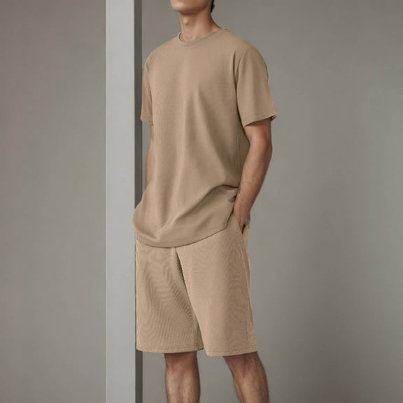 Yaoyar Solid Color Casual Short Sleeve Shorts Two-Piece Set for Men Comfortable Activewear Versatile Daily Wear Coordinate Set