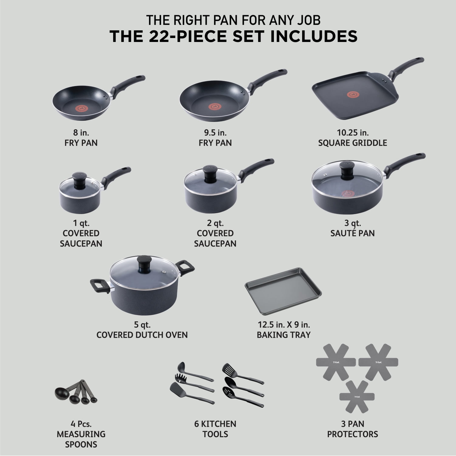 T-fal Kitchen Solutions, 22 Piece Non-Stick Pots and Pans Cookware Set, Black