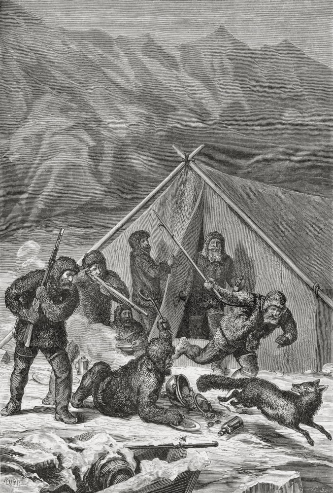 The Crew Of The Germania Chasing A Black Fox Which Had Interrupted Their Lunch During The Second German North Polar Expedition In 1869 From El Mundo En La Mano Published 1875 Canvas Art - Ken Welsh D