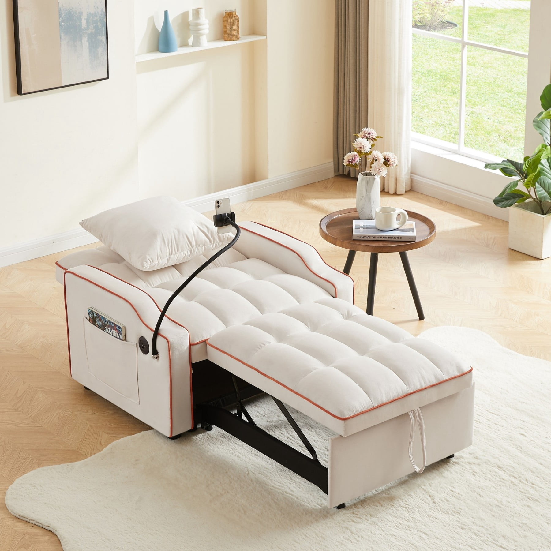 3-in-1 Sleeper Sofa Chair Bed with USB & Type-C, Adjustable Velvet Recliner Couch for Small Spaces, Beige