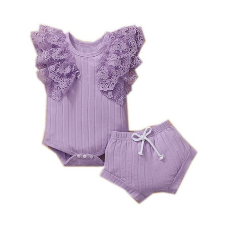 

elfinBE Newborn Baby Girl Sleeveless Lace Solid Color Flying Sleeve Cute Romper And Shorts 2PCs Outfits Set 0-12M