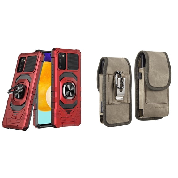 Case with Belt Holster Bundle for Samsung Galaxy A03s: Heavy Duty Series Protection Cover (Red) and Vertical Rugged Denim Nylon Phone Pouch (Brown)