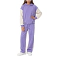 thumbnail image 2 of Stamzod Girls' Clothing Sets 2 Piece Sweatsuits Casual Color Block Hoodies and Wide Leg Sweatpants Fall Winter Girls Outfits Size 10-12 Purple B 13-14Years, 2 of 9