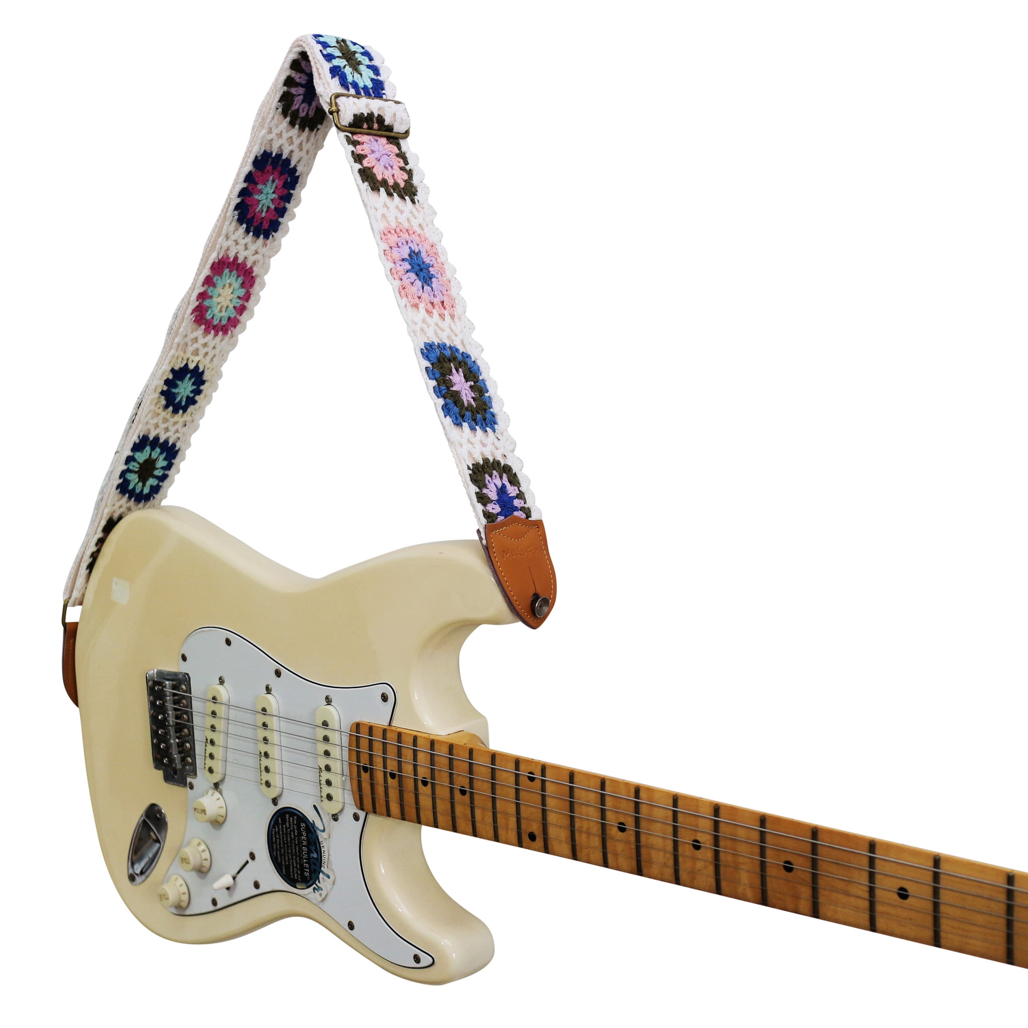 MUSIC FIRST Original Design, 2 inch width (5cm), Vintage Style Hand Made Crochet "Colorful Flowers" Electric Guitar Strap