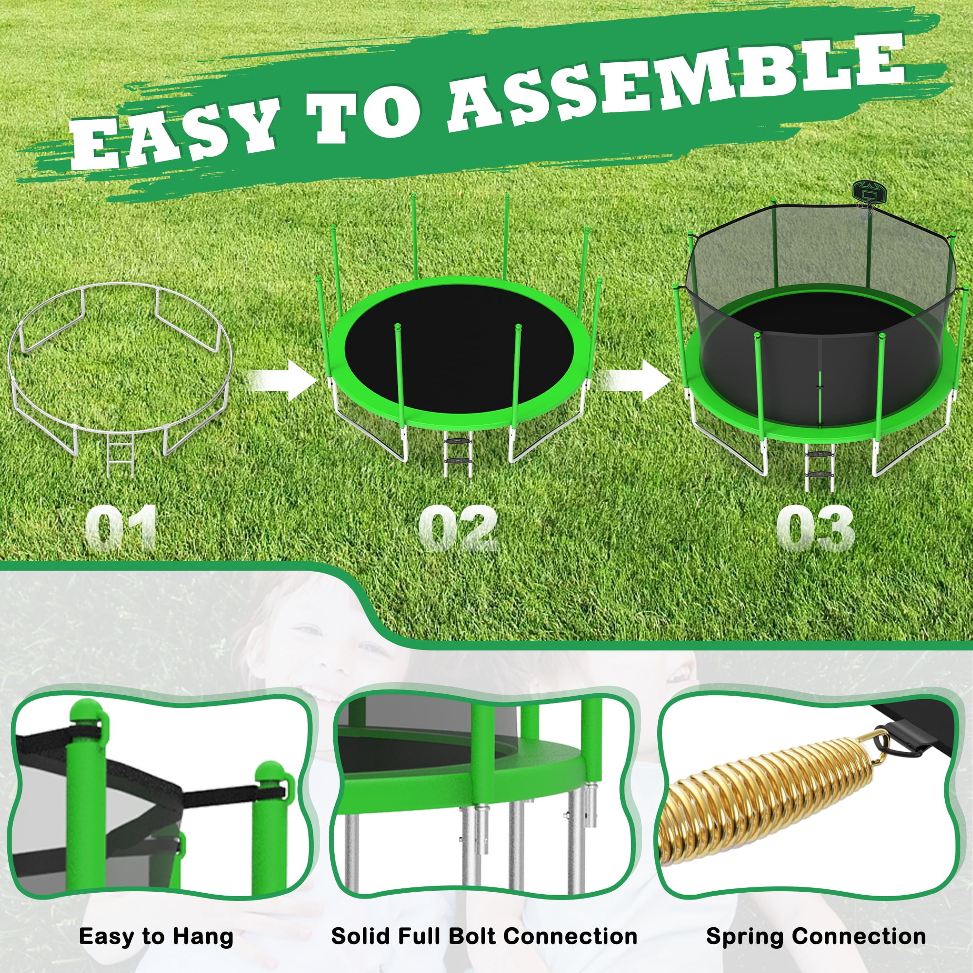 LHX 12FT 14FT 16FT Trampoline with Enclosure Net, Outdoor Trampolines for Kids Adults, Backyard Recreational Trampoline with Basketball Hoop, Ladder, Heavy Duty, 1200 lbs Weight Loading, Round
