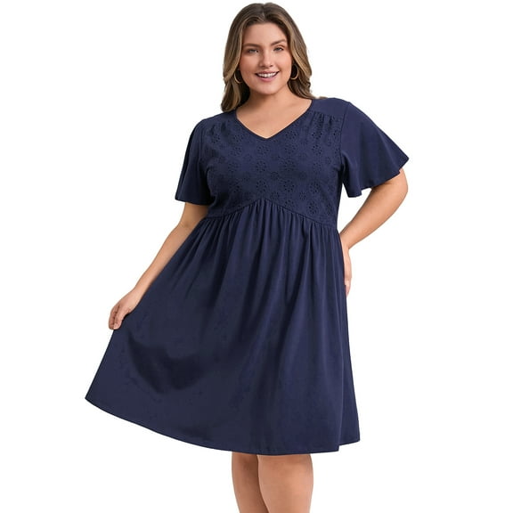 DARING DIVA Plus Size Summer V Neck Ruffle Short Sleeves Dress 1X Navy Blue