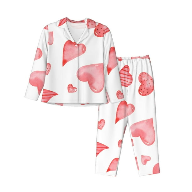 Balery Pink Hearts Conjunto de Pijama con Estampado para Mujer, Conjunto de Dos Piezas con Manga Larga, Ropa de Dormir Suave con Bolsillos, Pijamas Cómodos-Large