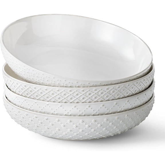 8.5" Pasta Bowls Set of 4, 30 oz Embossed Salad Bowls for Serving Soup, Noodle, Fruit, Dinner, Kitchen Deep Plates, Ceramic Dinnerware Sets, Soft White Dishes for Thanksgiving Day Gifts