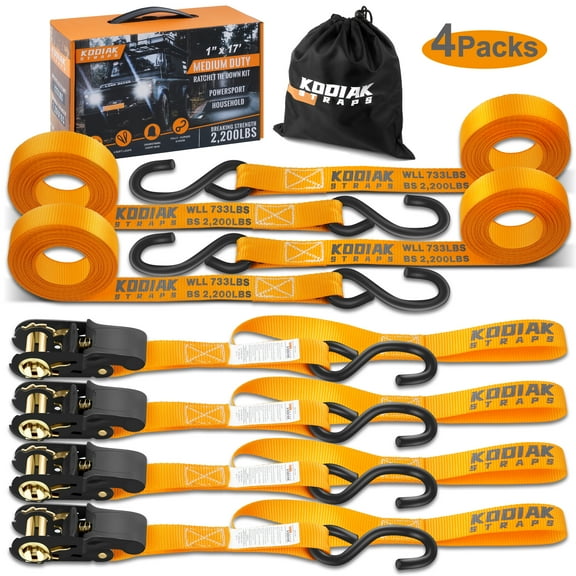 KODIAK STRAPS Ratchet Straps Heavy Duty Tie Down Strap Set 2200 Break Strength – 1" x 17' 4pk with Soft Loops Cargo Truck Bed Tie Downs – Coated Deep S-Hook & Carry Bag for Moving, Securing Cargo…
