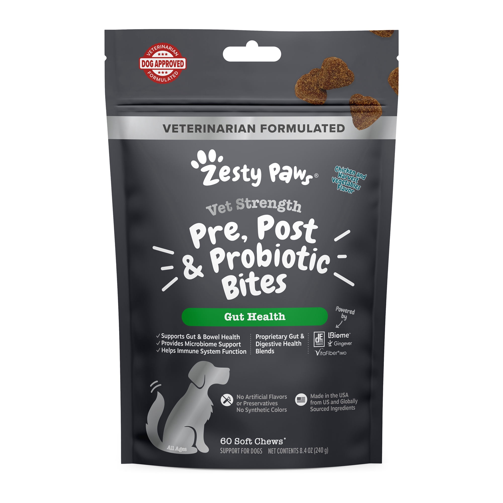 Zesty Paws Vet Strength Pre, Post & Probiotic Bites Chicken & Harvest Vegetables Flavor Dog Supplement, 60 Count