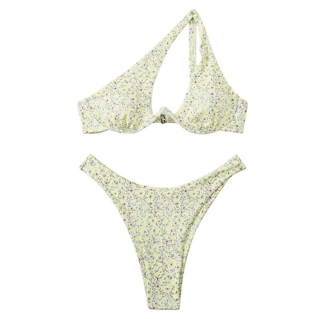 Cameland Ladies' Sexy Printed Split Shoulder Steel Support Bikini Two-piece Swimsuit Set