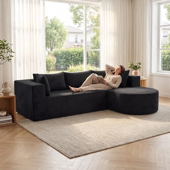 105" Modern Sectional Sofa with Right Chaise, Black Corduroy Boneless Couch with Deep Seating, No Assembly Required, L-Shape Comfy Living Room Couch