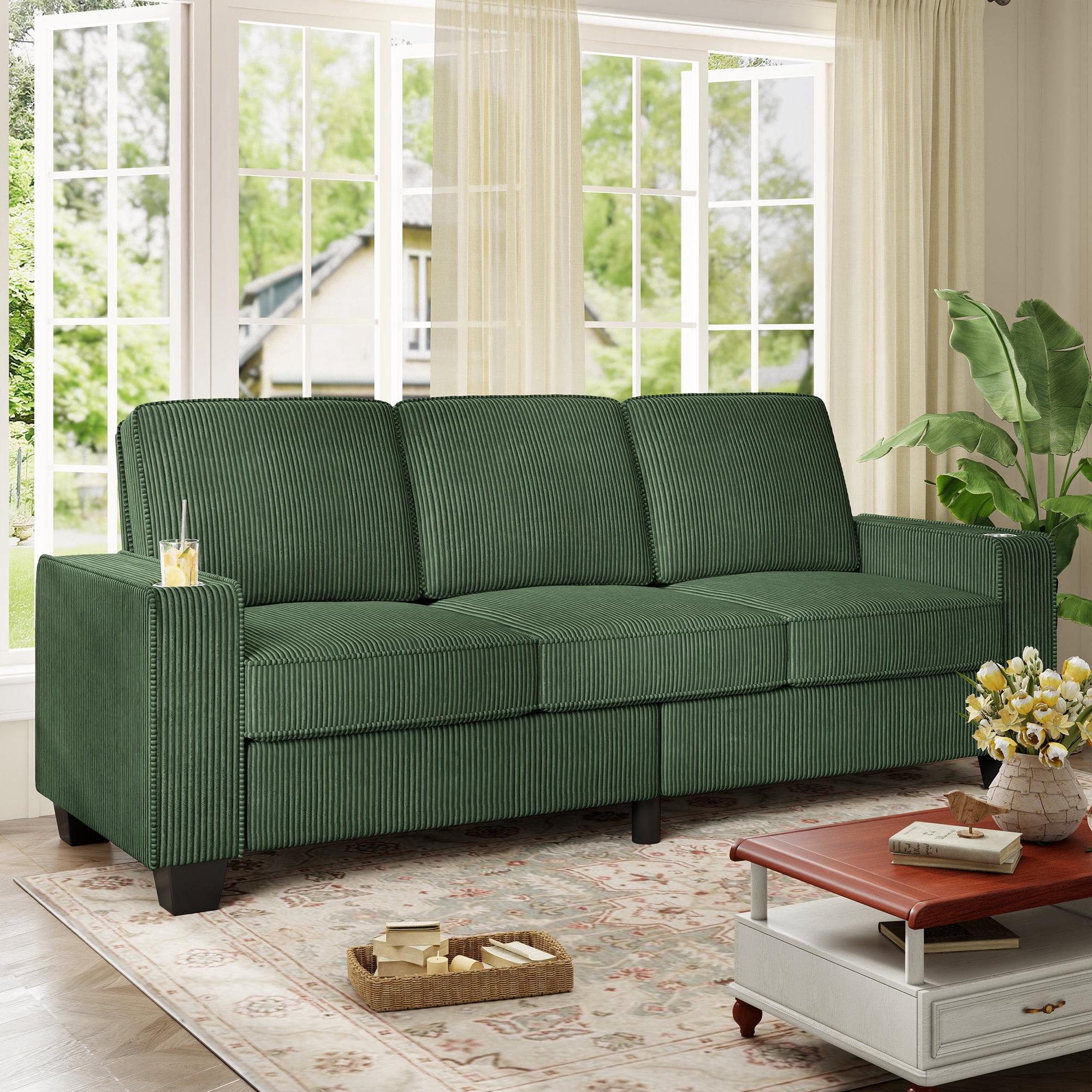 Muumblus 83.5" Living Room Sofa with Cup Holders, Cozy Plush Upholstered Couch, Corduroy Sofa 3-Seater, Green