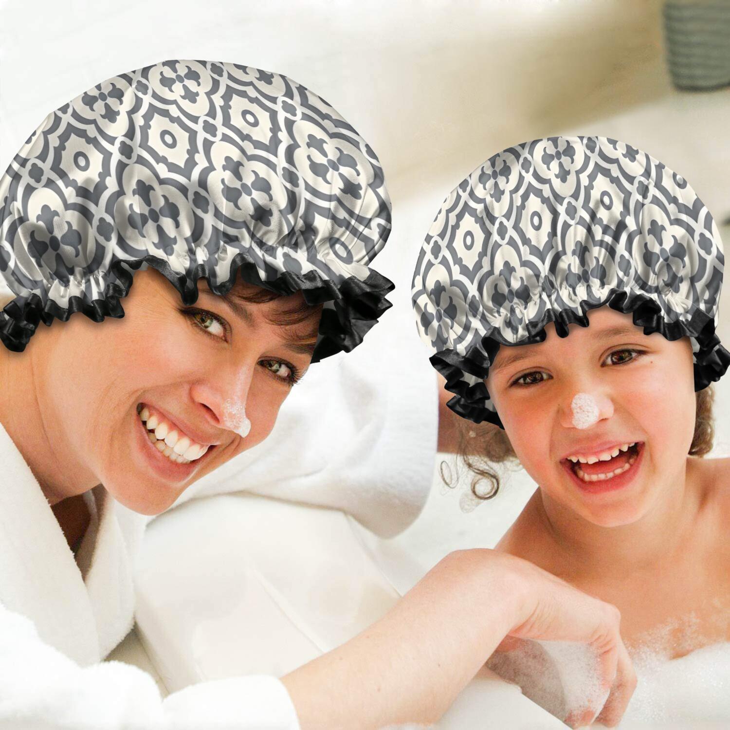 Shower Caps,Boho Gray and Beige Floral Ethnic Pattern Waterproof Shower Cap for Women 4 Pieces,Double Reusable Hair Cover for Shower PEVA Elastic Stretch Hem