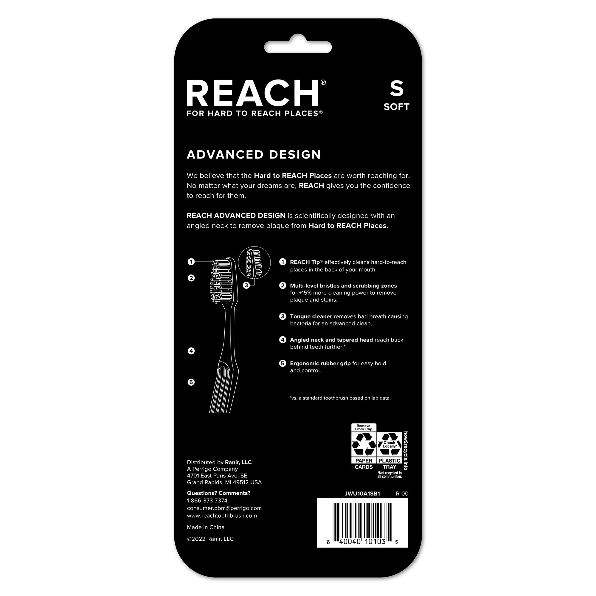 REACH Advanced Design Toothbrush, Angled Neck, Soft Multi-Level Bristles,  Contoured Handle, Tongue Scraper, Value Pack, ADA Accepted, 7 Count  (Packaging and Color May Vary) - Walmart.com
