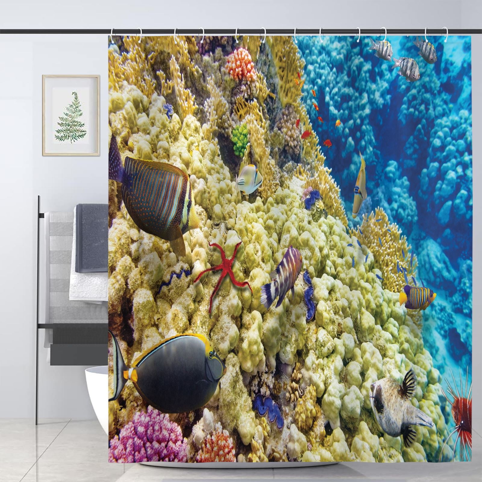 72x72" Fabric Shower Curtain Set Underwater World with Fish and Plants Anemones 
