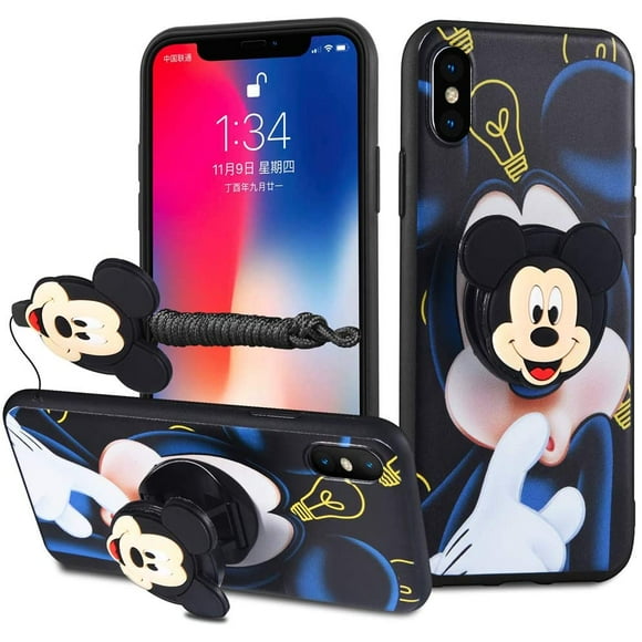 for iPhone 12 Mini Case - Minnie Mickey Mouse Cartoon Case Soft TPU Silicone Shockproof Case with Phone Holder Stand and Detachable Long Lanyard for Girls Boys (Dark Blue)