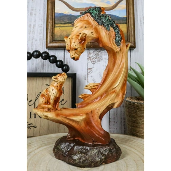 African Savannah Jungle Panther Leopard And Cub Faux Wood Carving Scene Figurine