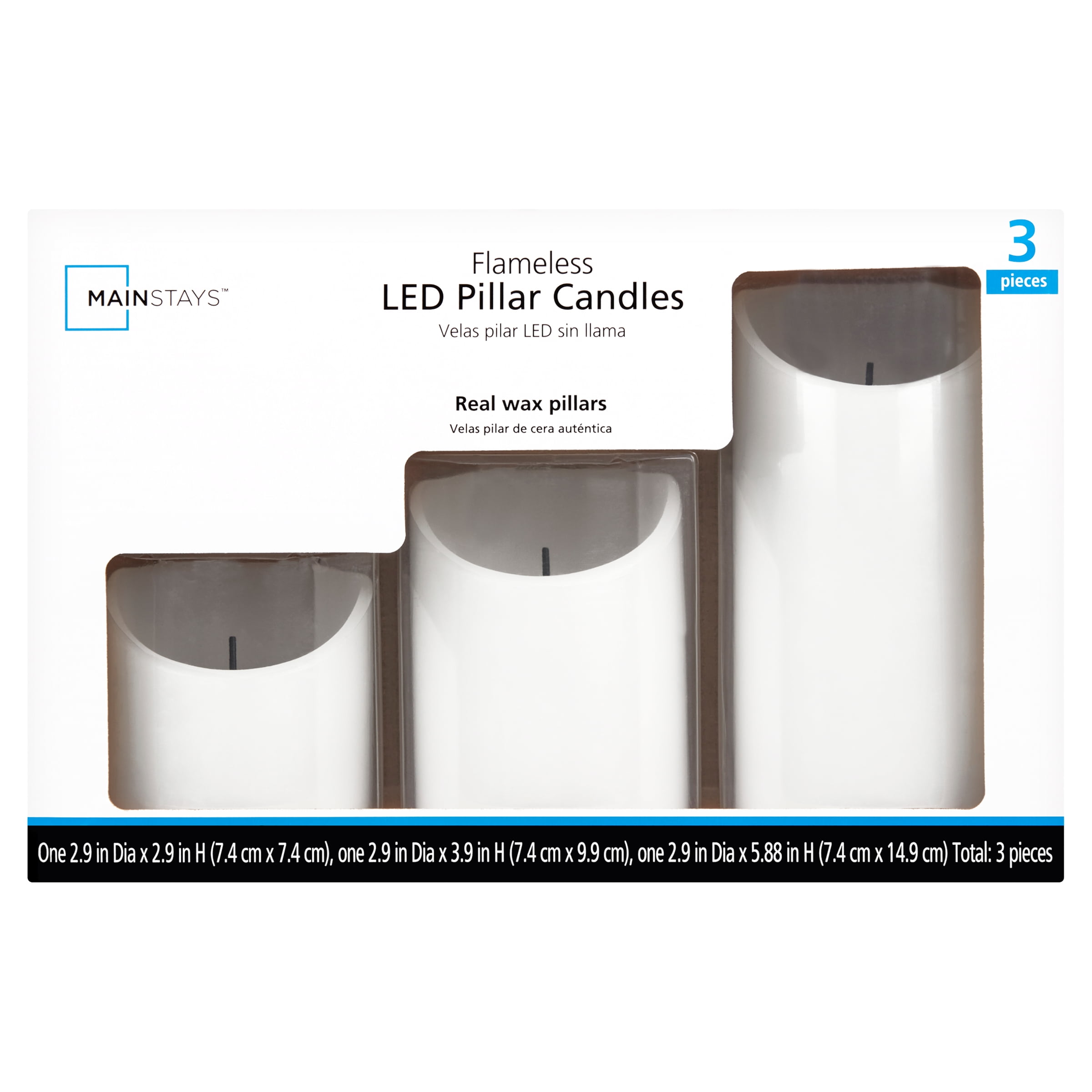(4 pack) Mainstays Unscented Flameless LED Pillar Candles, White, Various Sizes, 3 Count