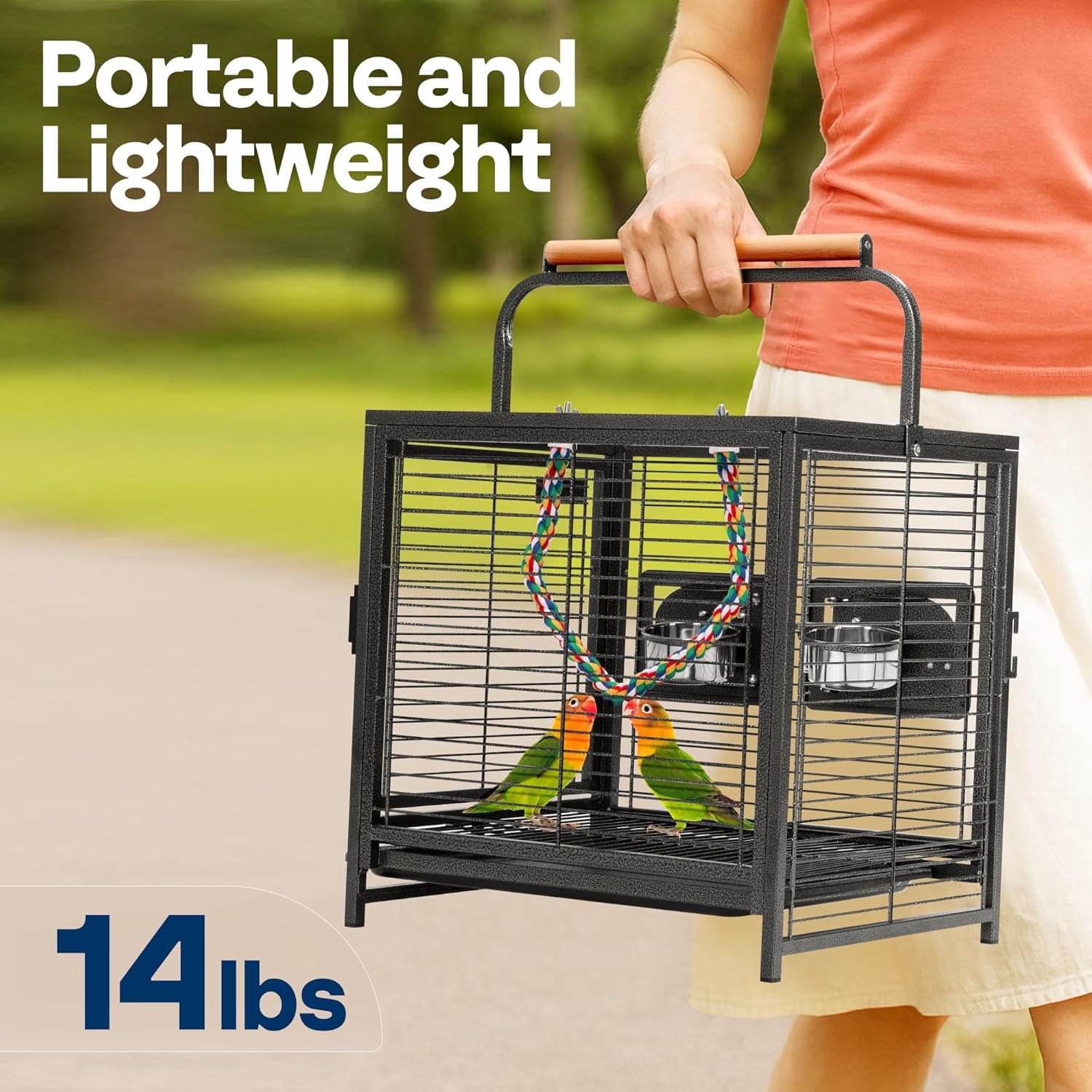 19 Inch Wrought Iron Bird Travel Carrier Cage for Parrots Conures Lovebird Cockatiel Parakeets Black