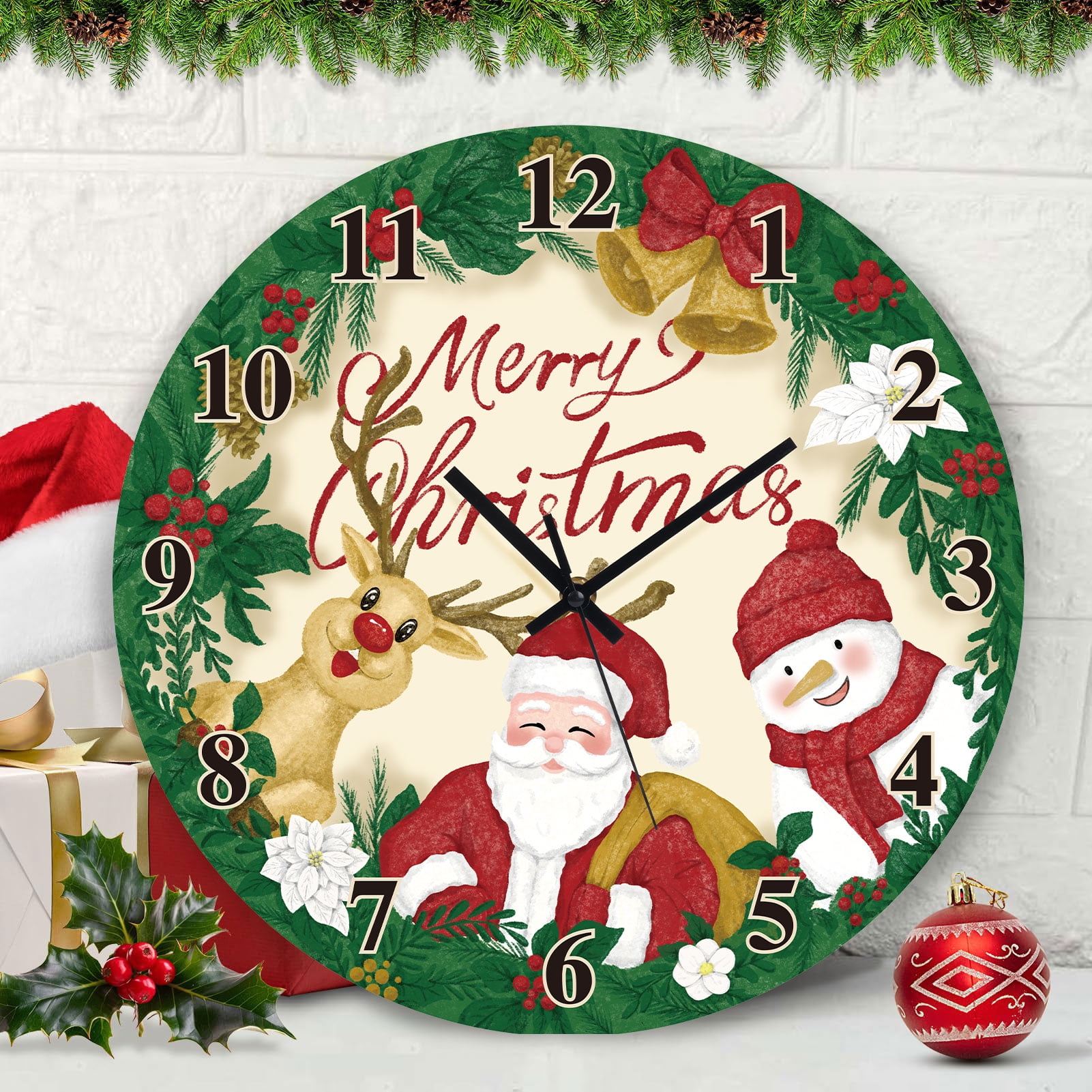 Sanmadrola Christmas Decoration Wall Clock Home Indoor Decor Silent Non Ticking Wooden 12'' Santa