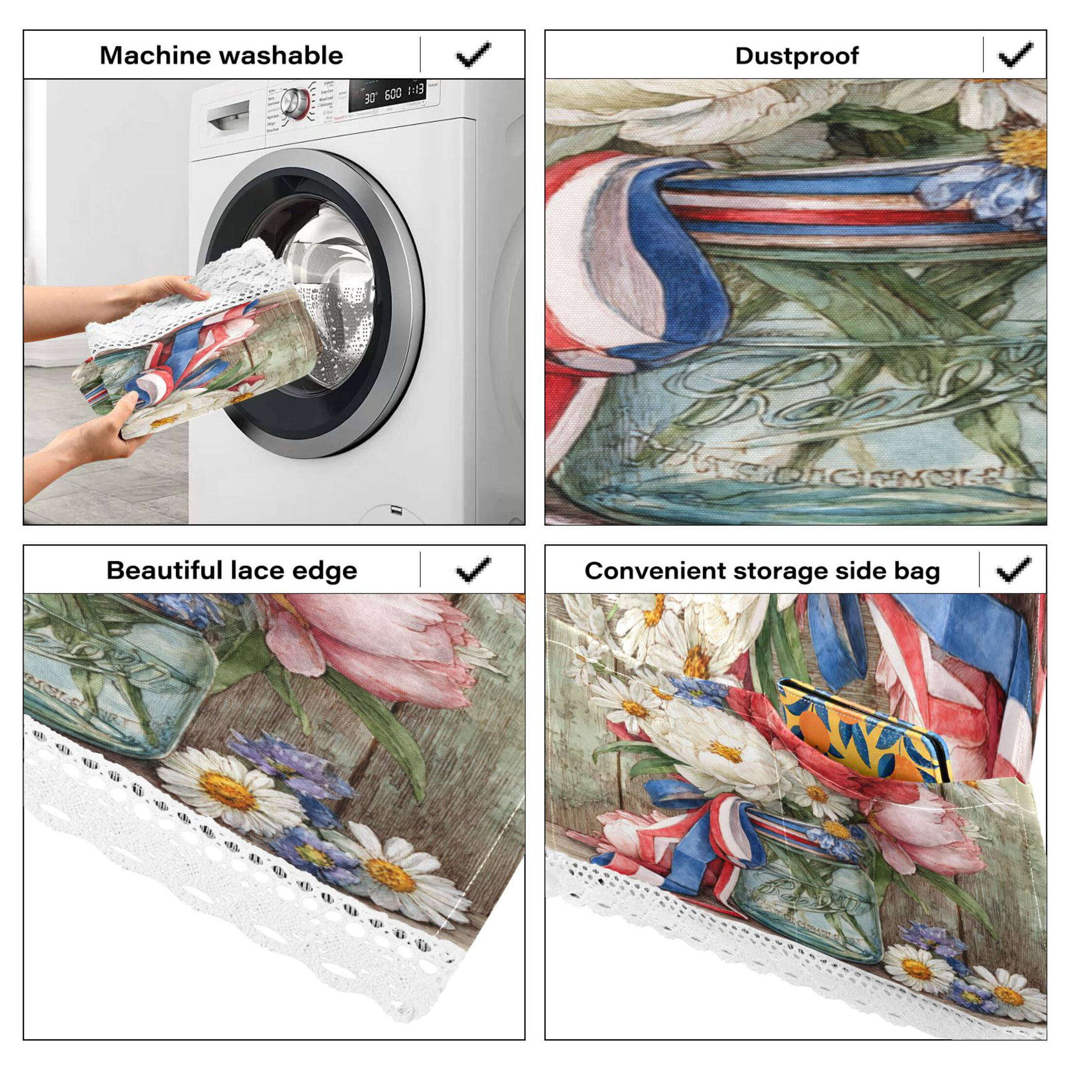 Wobogo Patriotic Floral Washing Machine Cover Dustproof Washer Dryer Cover Waterproof Laundry Room Decorative Protector