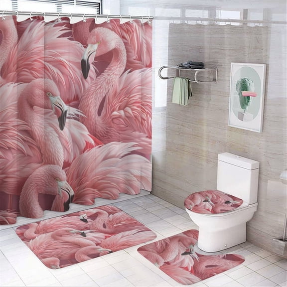 4 Piece Shower Curtain Sets Pink Flamingos Bathroom Decor Set with Non-Slip Rugs Toilet Lid Cover And Bath Mat Flamingo Hawaii Summer Farmhouse Bathroom Shower Set for Bathroom Decor 72inch X 72inch