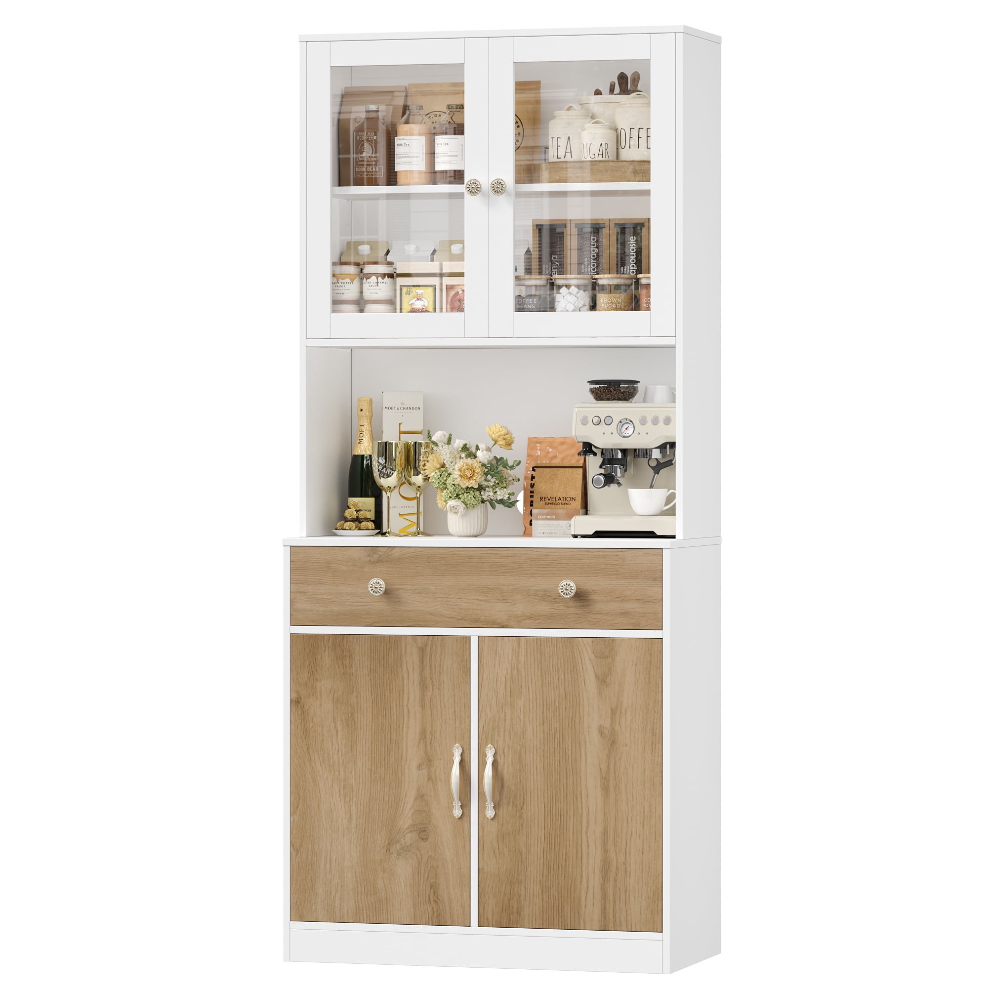 Homfa 71'' Kitchen Pantry Cabinet with Microwave Shelf & Drawer, 4 Doors Pantry Storage Cabinet with Adjustable Shelves for Dining Room, White+ Khaki