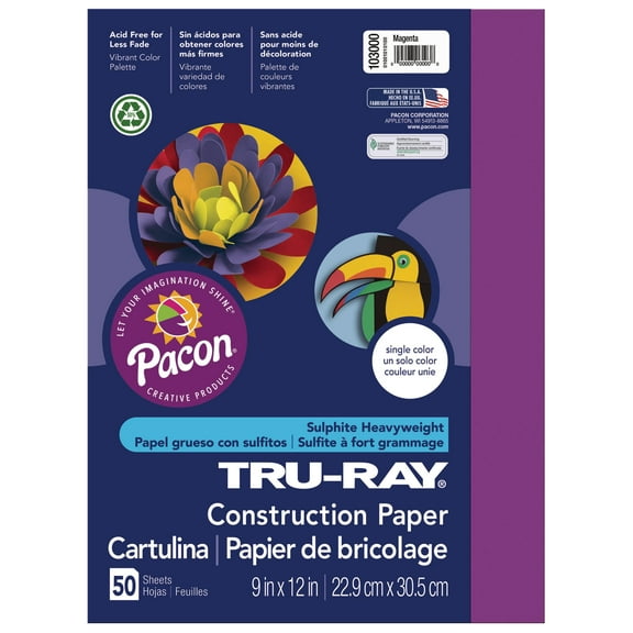 Pacon Tru-Ray Construction Paper, 50 Sheets, 9 in x 12 in, Magenta