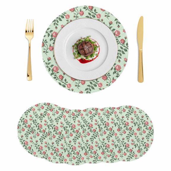 Round Placemats Pink Rose 15 inch Set of 6 Table Mats for Dining Table Flower Leaves Plant Sage Green Heat Resistant Non-Slip Kitchen & Home Decorative Place Mat Set