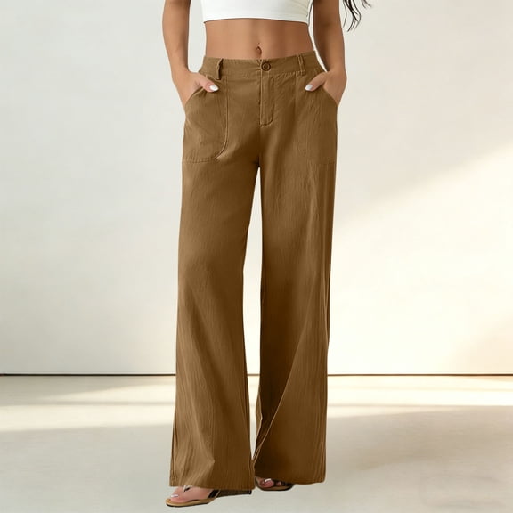 Mifsaly Straight Leg Linen Pants for Women High Waist Casual Cotton Linen Trousers with Pockets Lightweight Loose Summer Outdoor Office Travel Clothes Coffee,XL