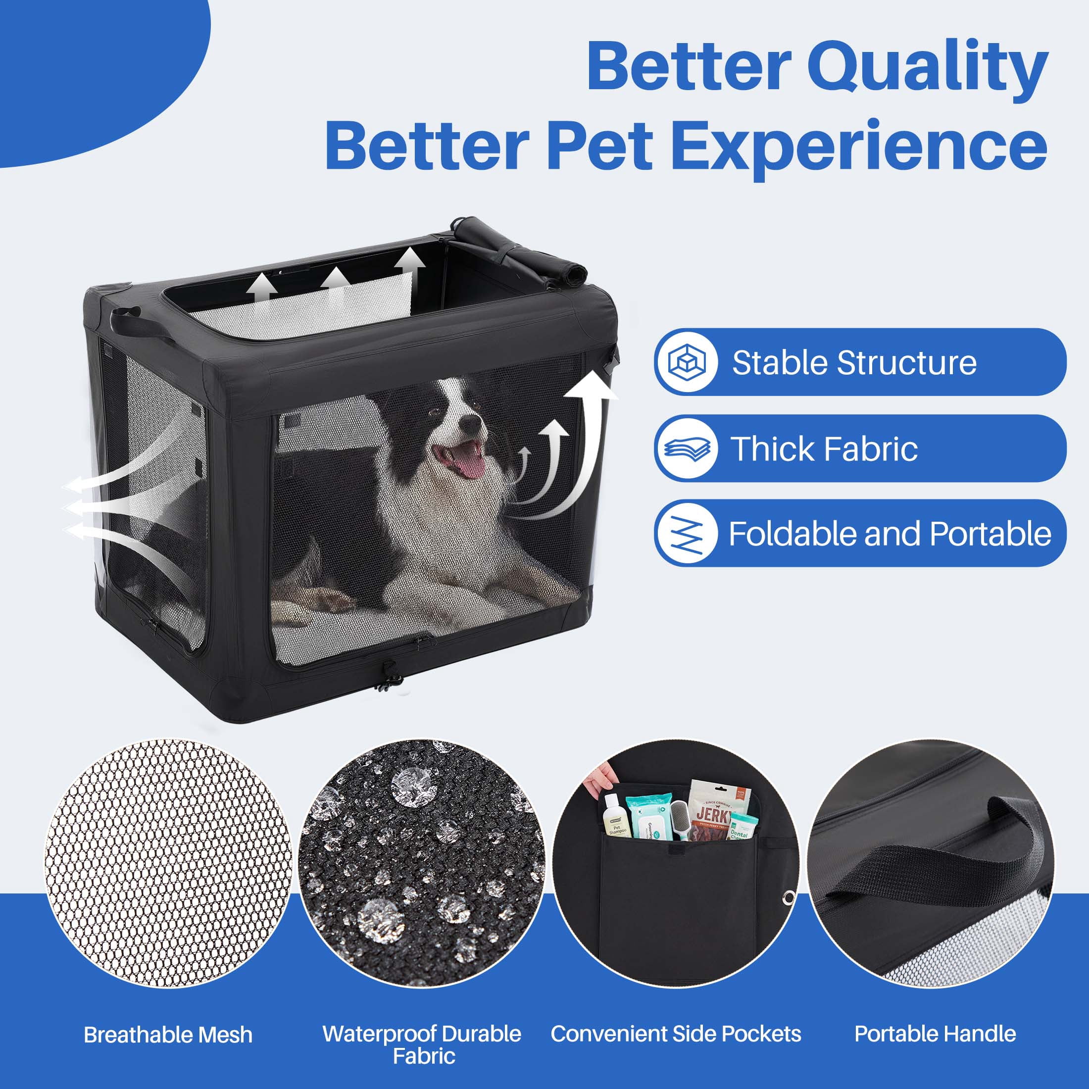 edx 30 Inch Portable Foldable Dog Crate for Small Medium Dog, 3-Door Soft Pet Airline Approved Crate with Storage Bag & Washable Pad, Up To 50Lbs, For Indoor Outdoor Dog/Cat/Pet Kennel Carrier, Black
