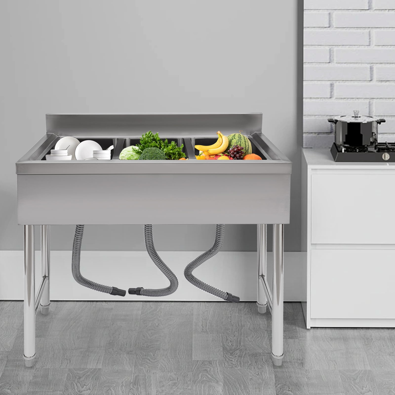 Wildnix 3-Compartment Stainless Steel Kitchen Sink with Faucet, Drainage Cover, Pull Ring, Honeycomb Aerator, Adjustable Legs for Commercial Use