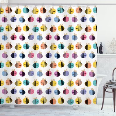 Bee Shower Curtain, Colorful Doodle Flying Bee Insect Aligned in Horizontal Order on Plain White Background, Fabric Bathroom Set with Hooks, 69W X 70L Inches, Multicolor, by Ambesonne