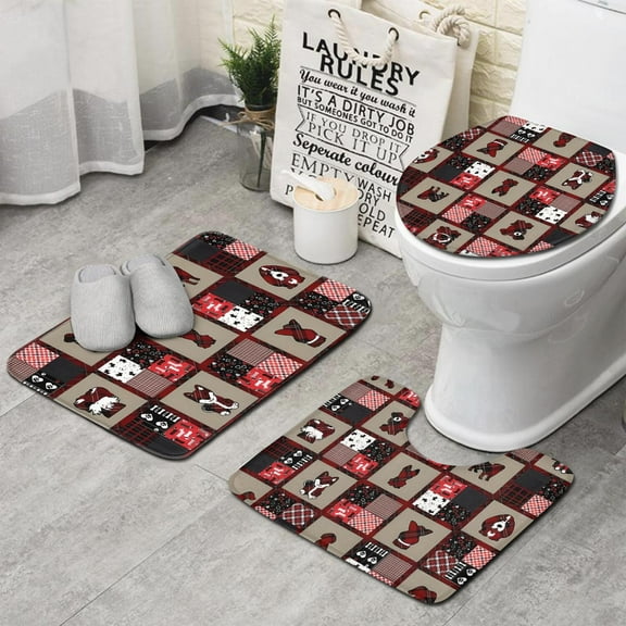 Red Plaid Dog Jigsaw Puzzle Bathroom Rugs Sets 3 Piece,Toilet Cover Set,Absorbent Non Slip Bathroom Mats Sets with U-Shaped Contour Rug Toilet Rug Set