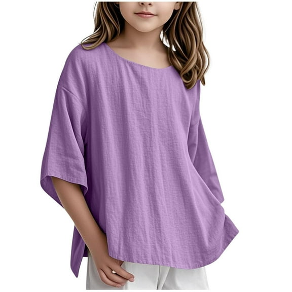 Razzly Teen Girls 3/4 Sleeve Linen Tops Summer 2025 Casual Crewneck Loose Fit Tee Shirts for Kids Spring Seasonal Outfits(Purple,13-14 Years)