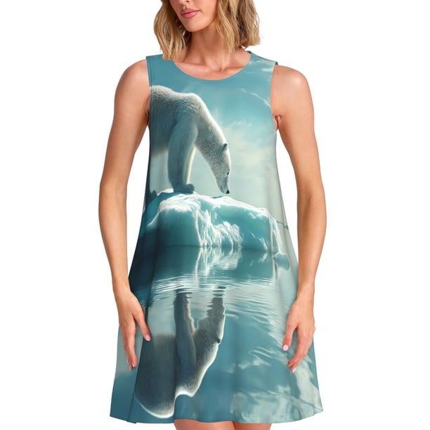 Fotbe Polar Bear On Iceberg Vestido de Verano sin Mangas para Mujer – Vestido Midi Línea A, Estilo Camiseta Floral, Vestido Playero Casual y Fluido