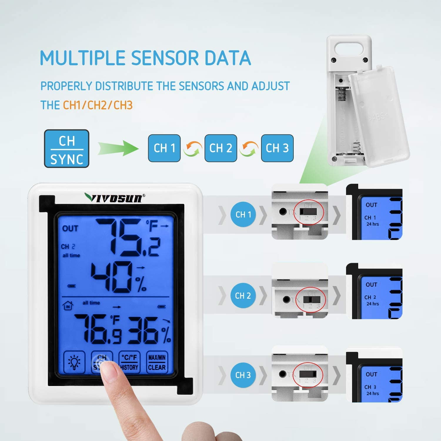 VIVOSUN Wireless Thermometer and Hygrometer with 3 Remote Sensors, Digital Humidity Monitor with Touchscreen